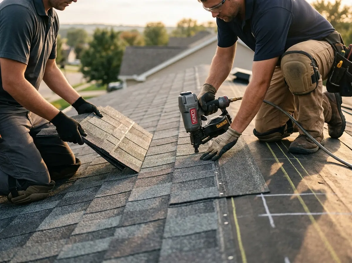 Professional roofer working on a residential roof in Plains